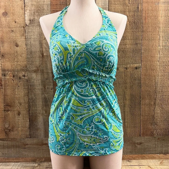 A Pea In The Pod Blue Green Patterned Halter Tankini Top Womens Small Padded - Picture 1 of 6